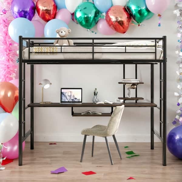 slide 2 of 9, Full Metal Loft Bed with Desk and Shelf