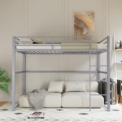 Metal Loft Bed Twin, Loft Bed Frame with Guard Rails and Flat Ladder