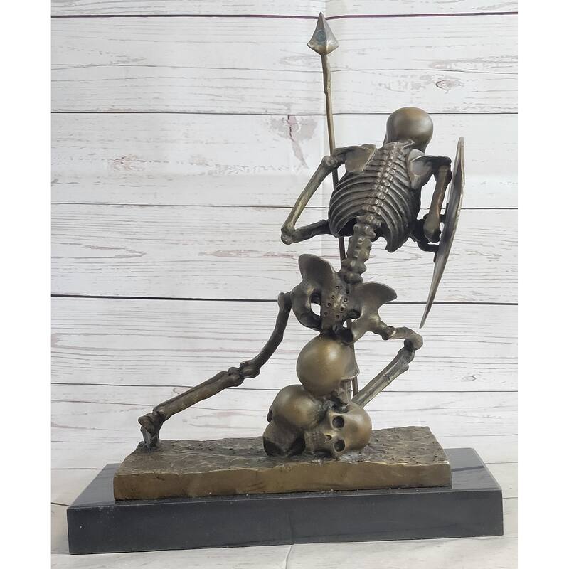 Skeleton Warrior W/ Shield And Spear Bronze Statue Sculpture Marble Base 12 Inches X 10 Inches