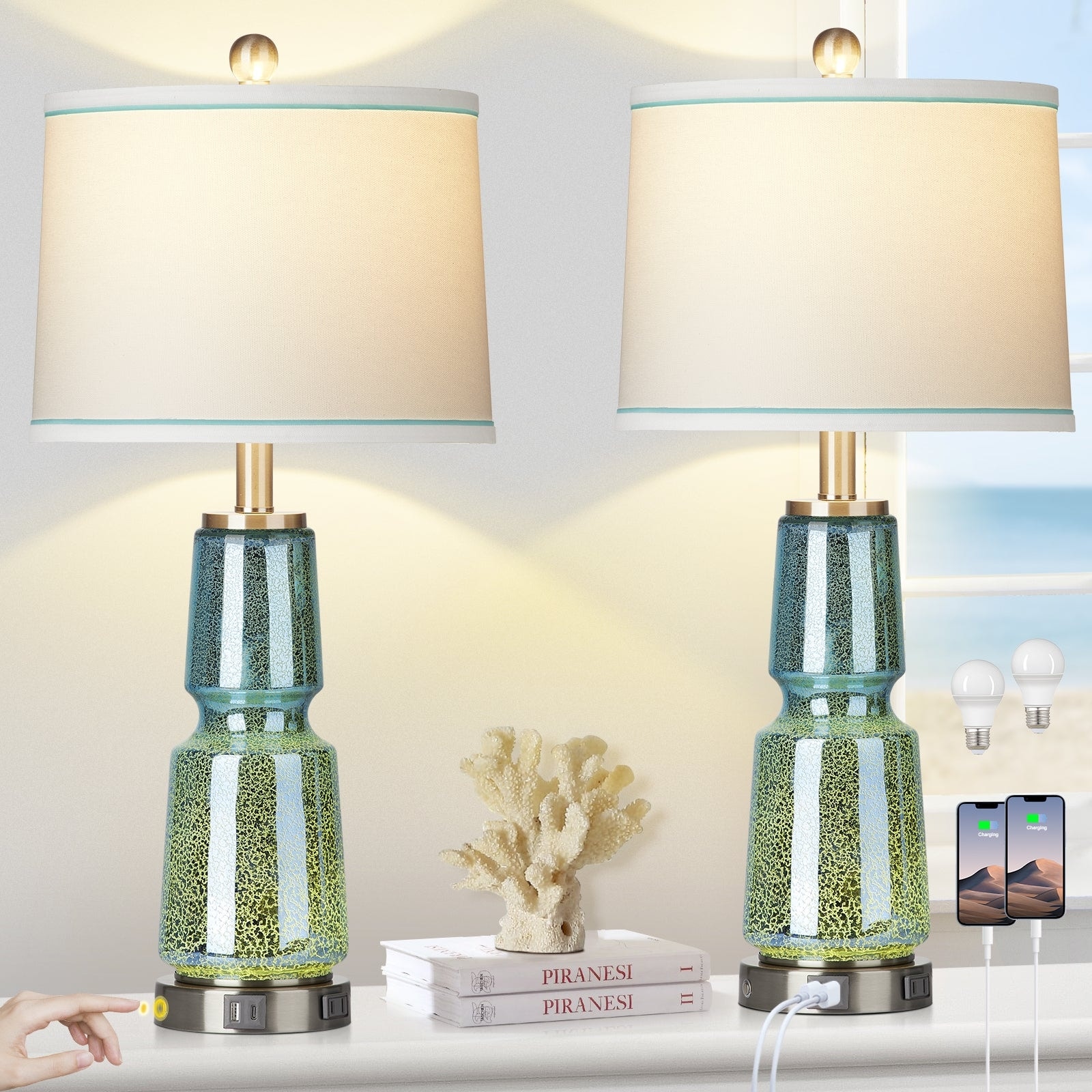 Table Lamps Nightlight 2in1 Blue-green Glass Ink Textile 2-Way Touch Switch(Set of 2)