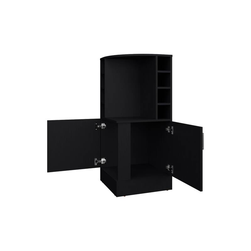 FM FURNITURE Toyei Corner Bar Cabinet with Bottle Rack, Open Shelves, and Hidden Storage, Black