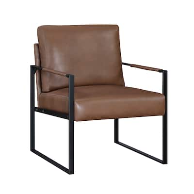 Mackie Accent Armchair, Dark Brown Faux Leather, Black Metal Frame