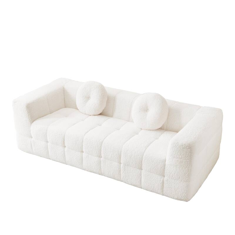84.6-inch Modern Boneless Couch with Two Circular throw pillows, Skin-friendly lychee-textured long-pile polyester fabric