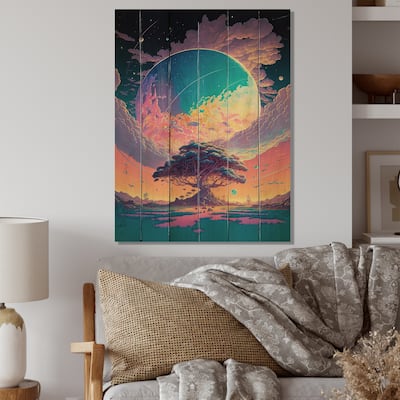 Designart 'Majestic Tree By The Lake Under The Full Moon' Landscape Cottage Wood Wall Art - Natural Pine Wood