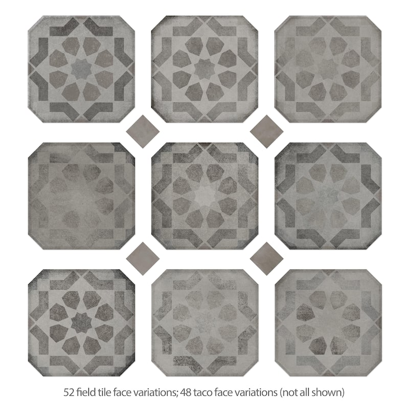 Merola Tile Laverton Octagon Deco Sombra with Grafito 7-7/8" x 7-7/8" Porcelain Floor and Wall Tile