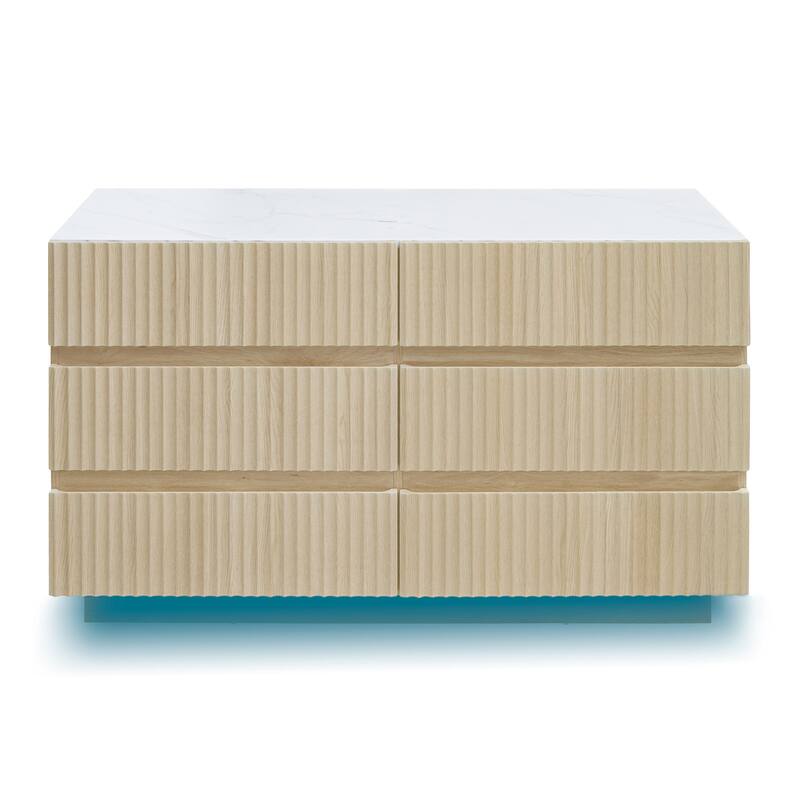 Fluted 6 Drawer Dresser with LED Lights, Wooden Drawer Organizer Cabinet, Large Capacity Bedroom Storage Cabinet