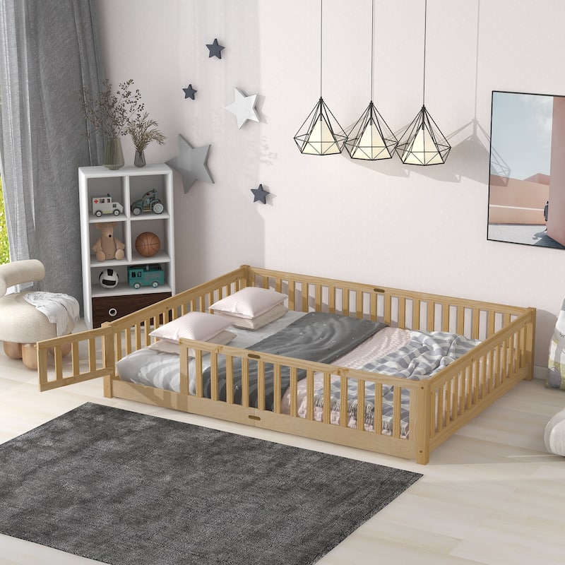 Floor Platform Bed With Fence Guardrails And Door - Natural