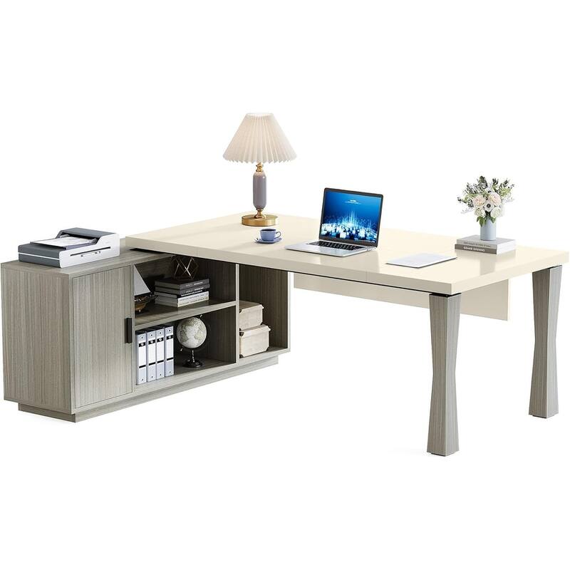 8.7" Executive Desk, L-Shaped Office Table with Cabinet & Shelves