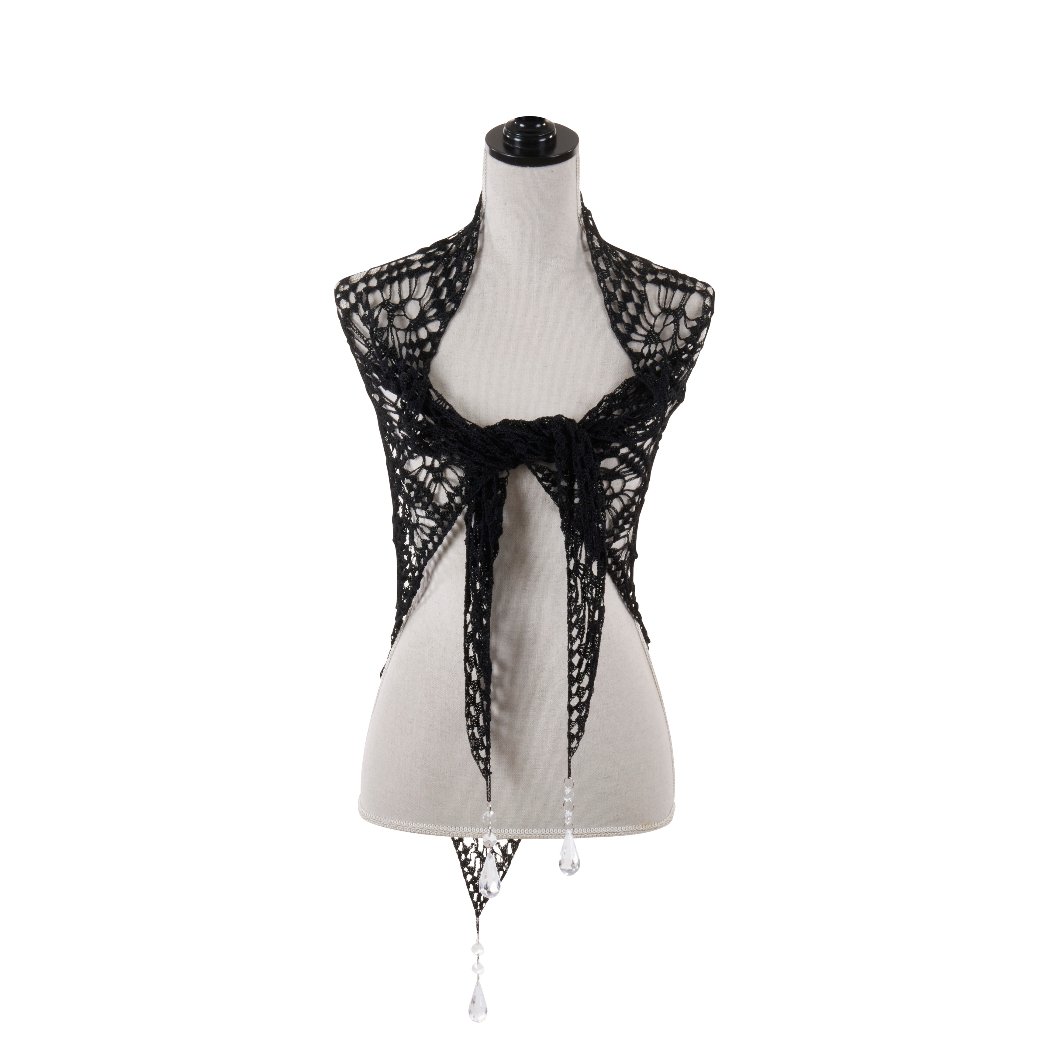 Crochet Skull Lace Cotton Wrap Scarf - Lightweight Openwork Shawl with Tie Detail and Decorative Drops - 59"x31"