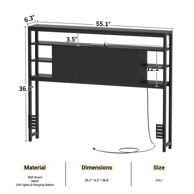 Headboards with Storage Shelves, Head Board with Power Outlet and LED Light for Bed Frame