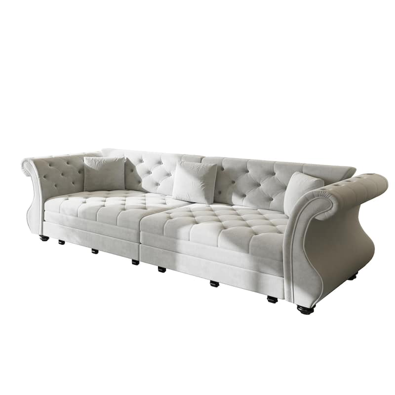 97.6" Oversized Chesterfield Pull-Out Sofa Bed, Velvet Upholstered Sleeper Couch with Roll Arms & Tufting