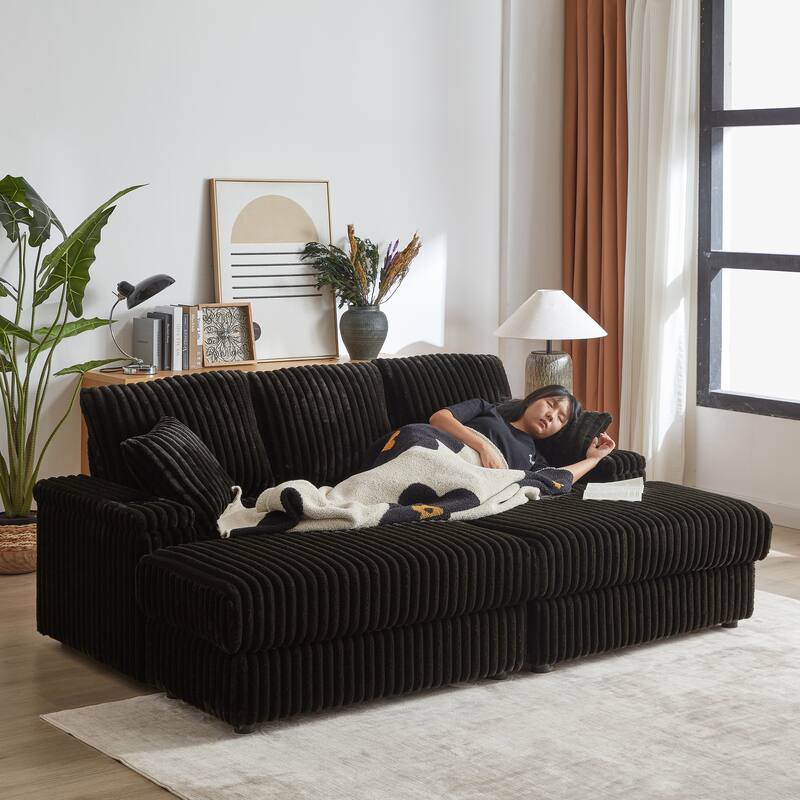 Deep Seat Sectional Loveseat Set with 2 Ottoman and 2 Pillows, Corduroy Chaise Lounge Bed with 2 Storage Spaces and Cupholding