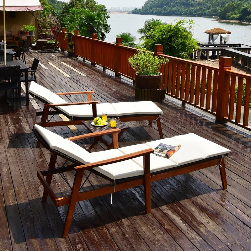 Costway 3PCS Patio Rattan Lounge Chair Folding Table Set Chaise Wood