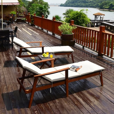 Costway 3PCS Patio Rattan Lounge Chair Folding Table Set Chaise Wood