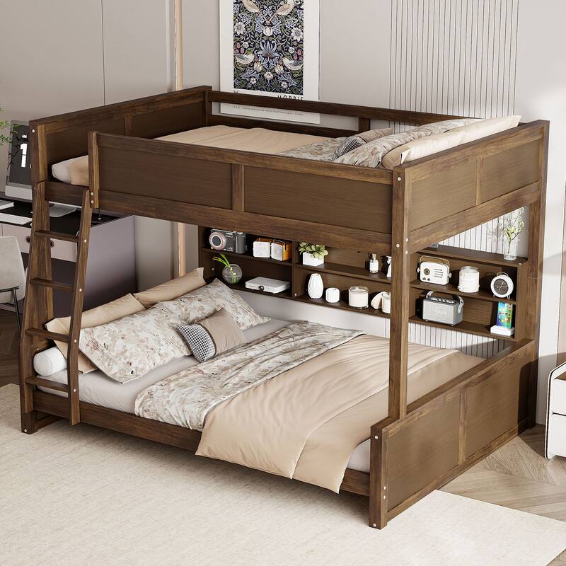 Wood Full XL over Queen Bunk Bed with Shelves, Storage Cabinets, USB Ports, Bunk Bed Frame w/Slats Support, No Box Spring Needed