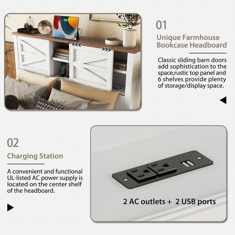 Full/Queen Farmhouse Platform Bed with Sliding Barn Doors & USB Charging Station - Rustic Wood