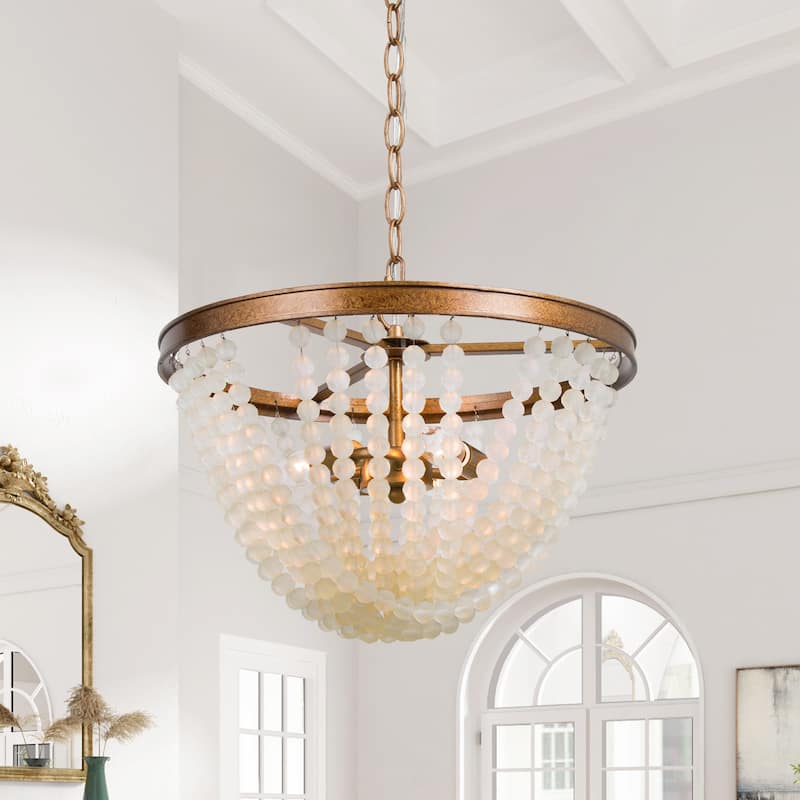 Mid-century Modern Brass Beaded Chandelier Distressed 3-light Foyer Pendant lights