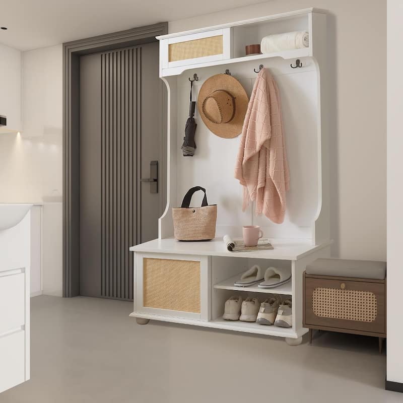 Roomfitters Casual Style Hall Tree Entryway Bench with Rattan Door Shelves, Shoe Cabinets, Solid Wood Feet