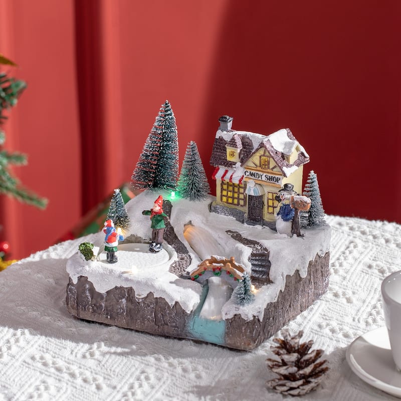 HOMCOM Animated Christmas Village Scene, Pre-Lit Musical Holiday Decoration with LED Lights, Fiber Optic - Multi - Resin