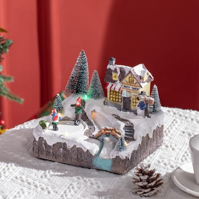 HOMCOM Animated Christmas Village Scene, Pre-Lit Musical Holiday Decoration with LED Lights, Fiber Optic