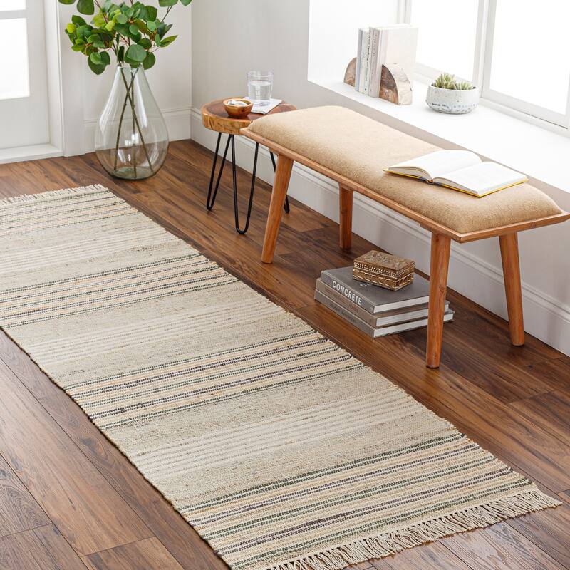 Artistic Weavers Dhrite Handmade Cottage Striped Jute Blend Area Rug - 2' 6" x 8' - Green/Beige