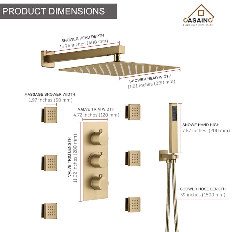 Thermostatic 12 in. Wall Mount Shower System with 6 Body Sprays