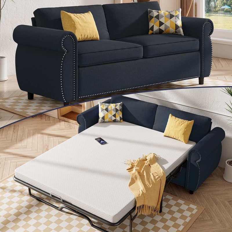 Mixoy Full/Queen Size Pull Out 2 in 1 Sleeper Sofa Bed with Mattress,Convertible Upholstered Loveseat with Nailhead - Queen Size - Grey