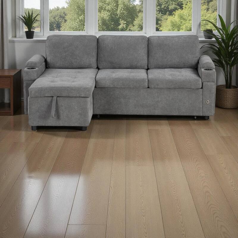 83.5" L-Shaped Convertible Sectional Sofa Bed with Storage Chaise Cup Holders USB Ports Chenille Couch for Living Room