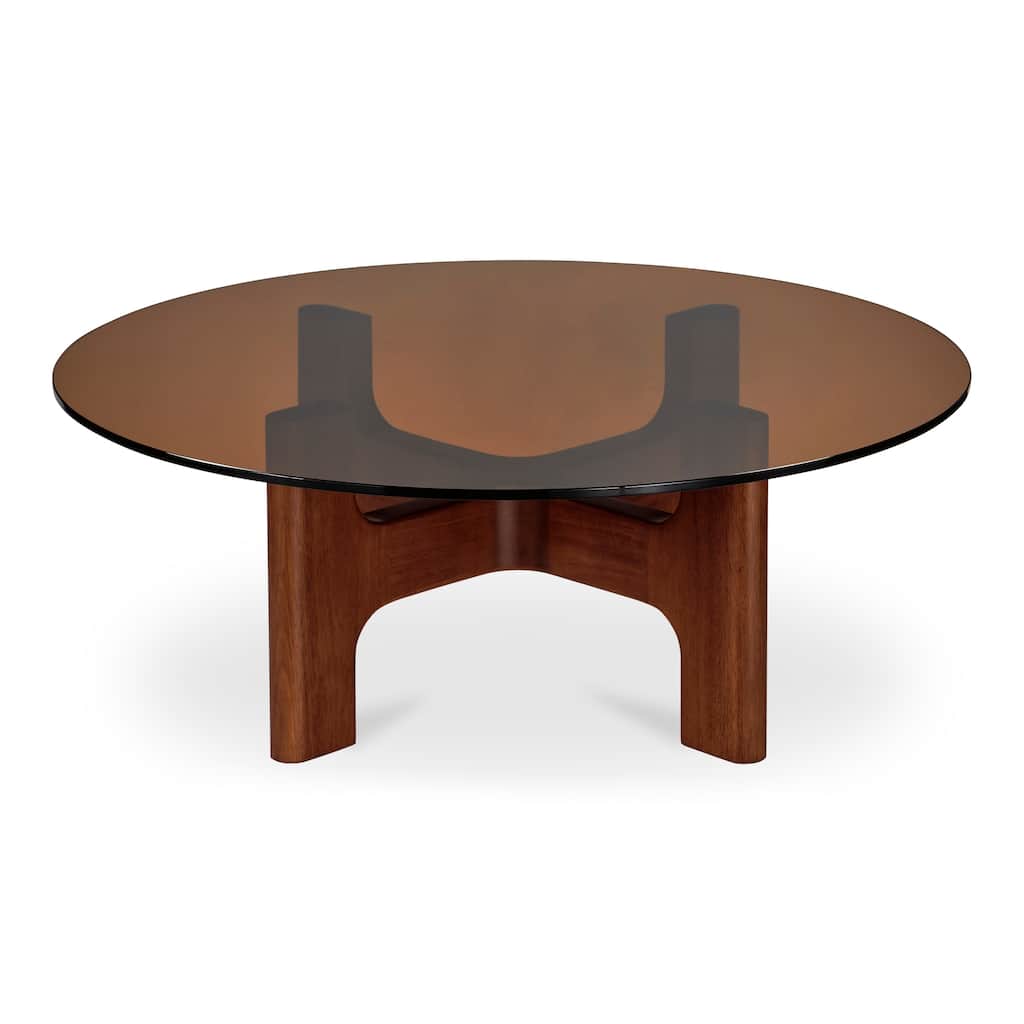 NADAAL STUDIOS Thea Coffee Table, Oval Amber Tempered Glass Top, Rubber Wood Legs, Amber