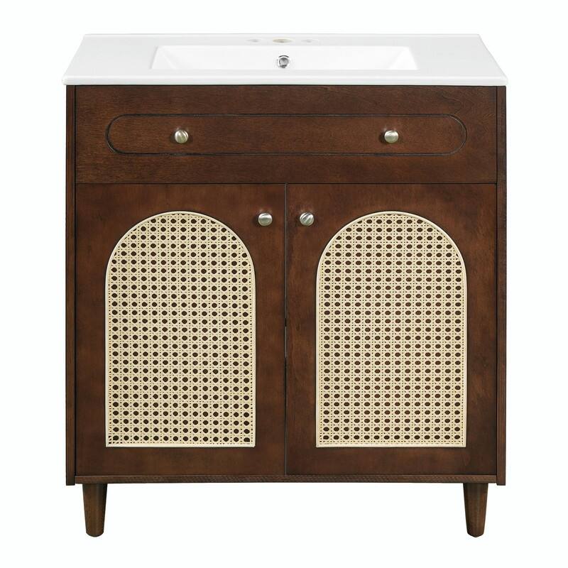 30" Bathroom Vanity with Ceramic Sink, Solid Wood Cabinet, Adjustable Shelf, Tip-Drawer & Rattan Panels