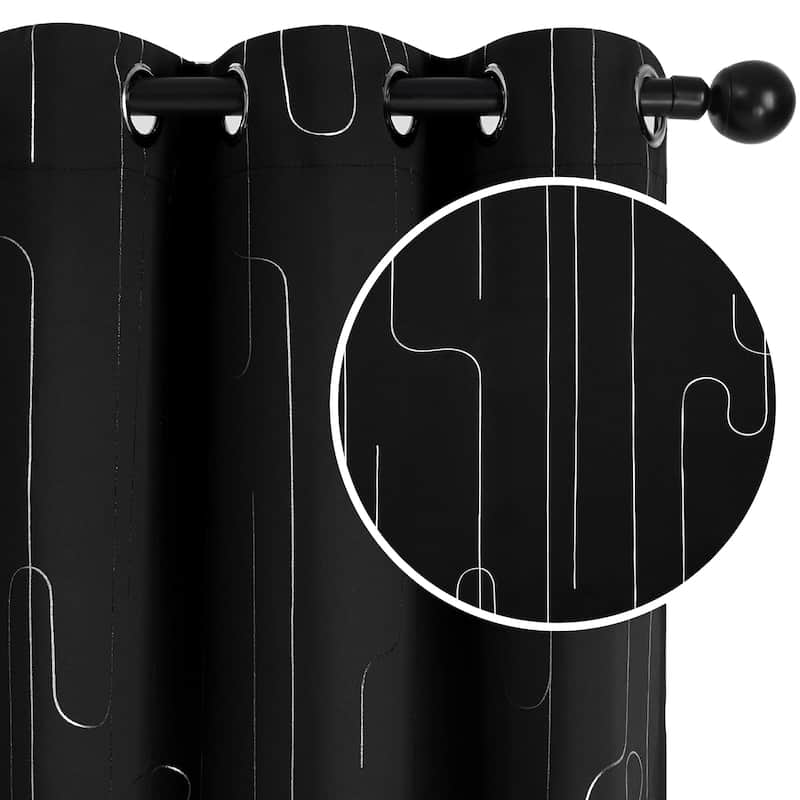 Grommet Curtains, Room Darkening Window Drapes with Lines Foil Print - W52 X L95 - Black