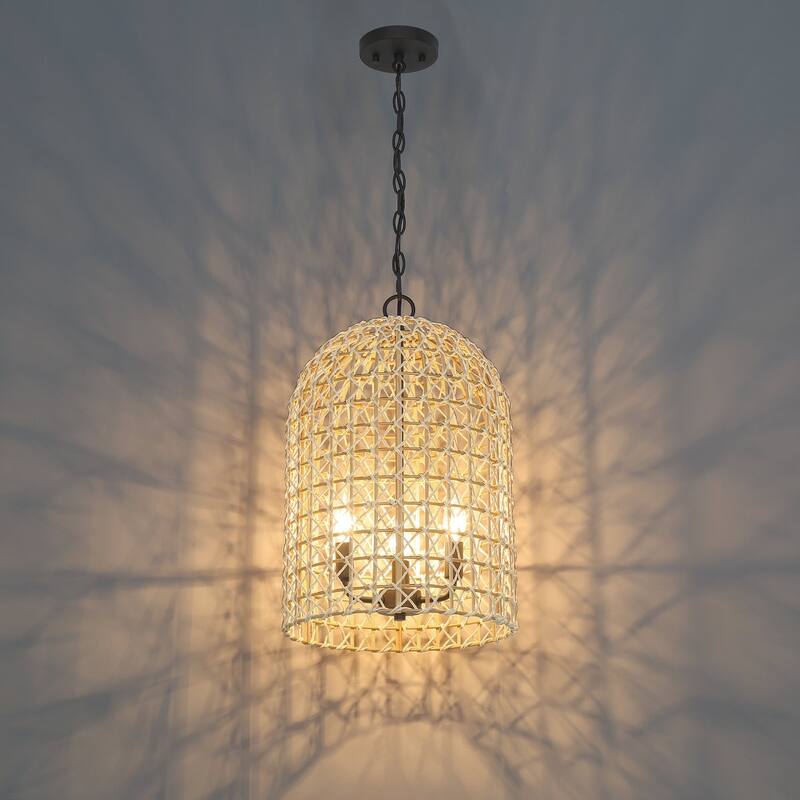 3-Light Dimmable Dome Pendant Light Rope Chandelier with Black Metal Chain