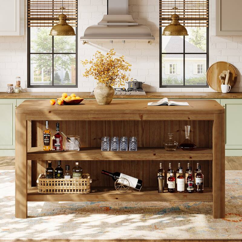 63'' Solid Wood Bar Table, Counter Height Pub Table with Storage Shelves