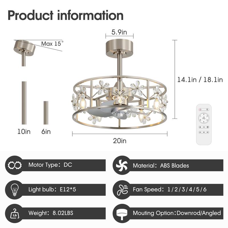 20" Glam Crystal Chandelier Caged Ceiling Fan with Light and Remote