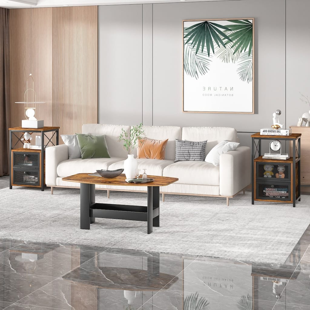 Javlergo 3-Piece Living Room Table Set, Industrial Coffee Table with 2 End Side Tables