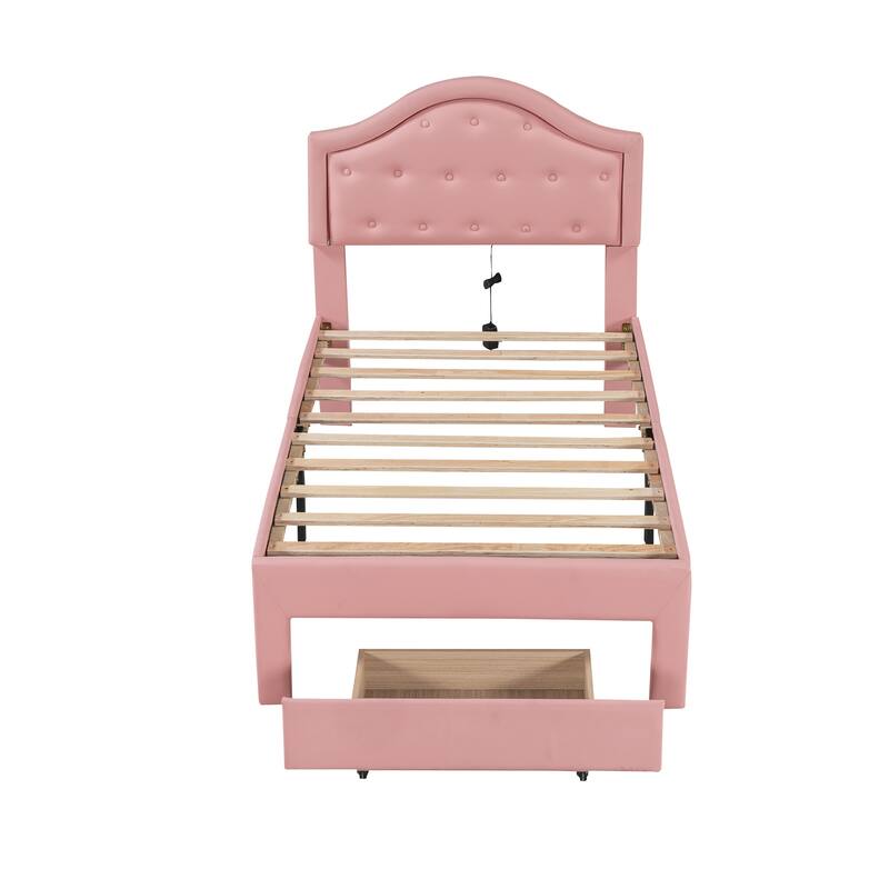 Upholstered Platform Bed with Tufted Headboard, LED and 2 Drawers, Pink