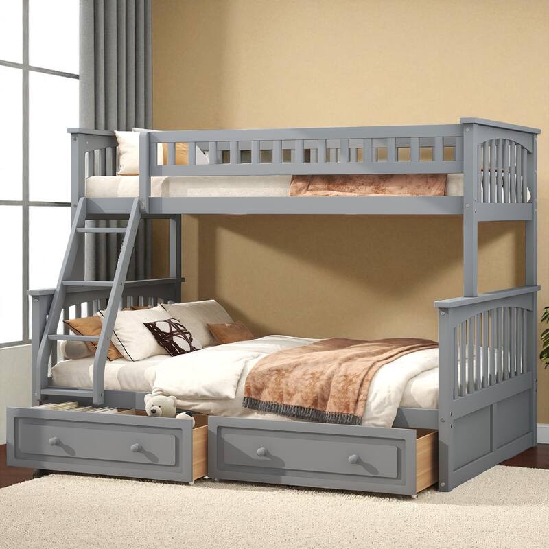 Twin over Full Bunk Bed with Drawers, Convertible to 2 Beds, Pine/MDF, Staircase & Guardrails, 79.7 x 57.5 x 61.2 in