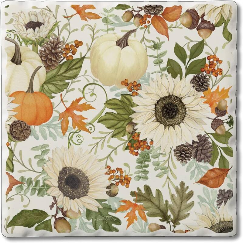 Absorbent Stone Tumbled Tile Coasters, Farmhouse Floral, Set of 4 - Multi