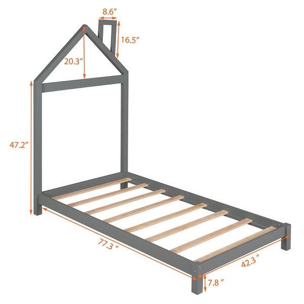 Twin Size Wood Platform Bed with House-shaped Headboard ,Sturdy Pine Construction, Fun Design with Chimney
