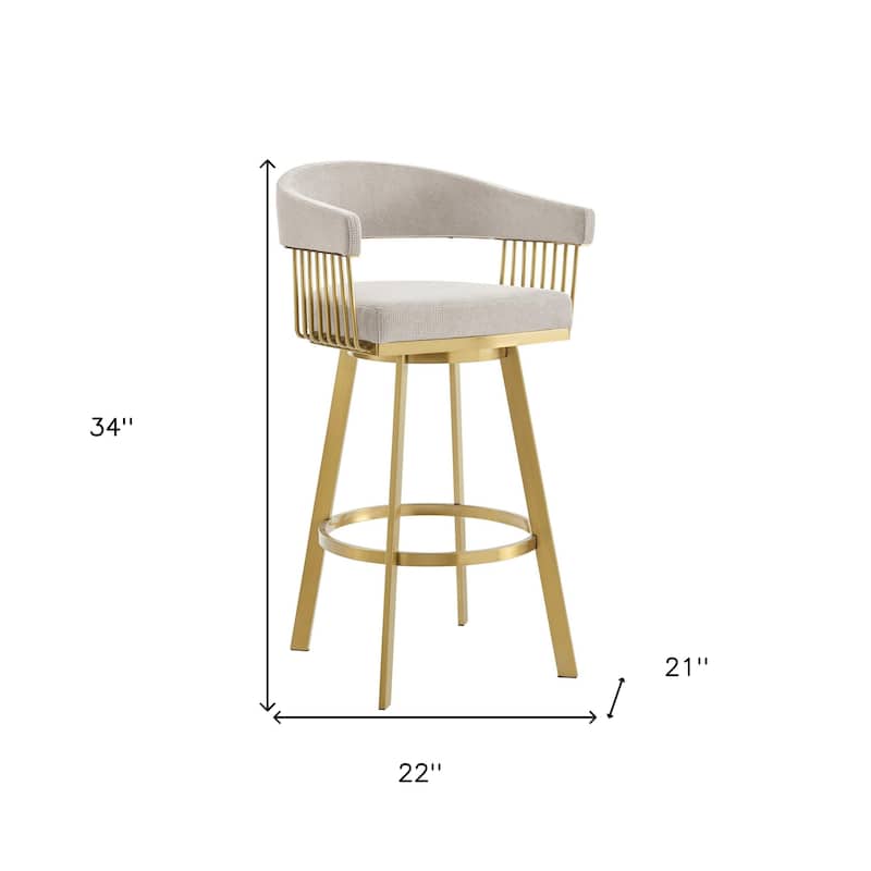 HomeRoots 26" Taupe and Gold Fabric and Stainless Steel Low Back Counter Height Swivel Bar Chair