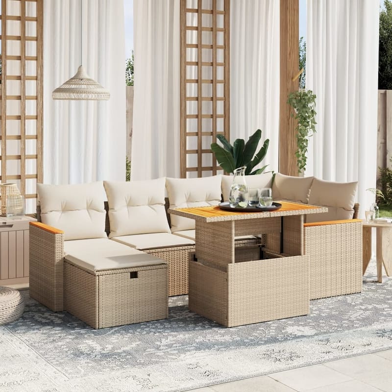 vidaXL Patio Sofa Set with Cushions Outdoor Conversation Furniture Poly Rattan - Beige and Cream-without storage - 21.7 x 39.4 x 28.7