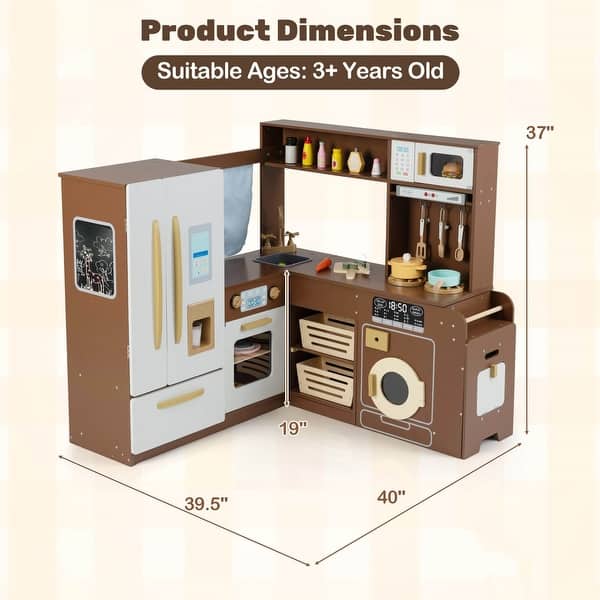 dimension image slide 2 of 3, Costway Corner Play Kitchen with Lights & Sounds Wooden Toy Kitchen - See Details
