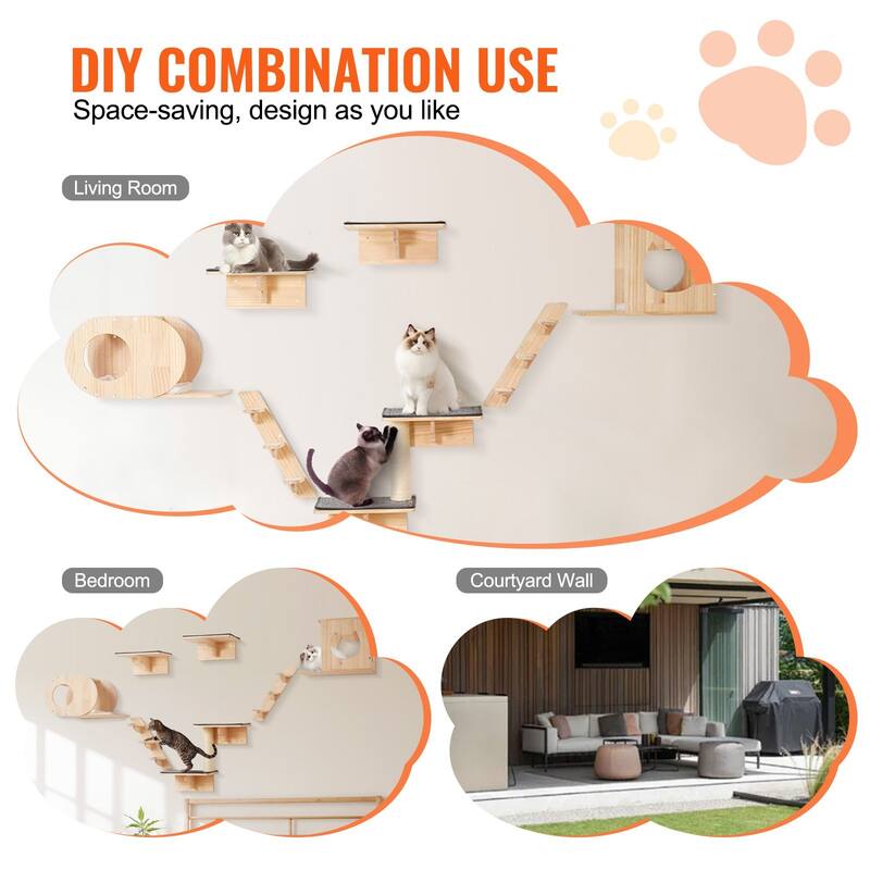 Wall-Mounted Cat Furniture Set with 2 Nests, Hammocks & Tree