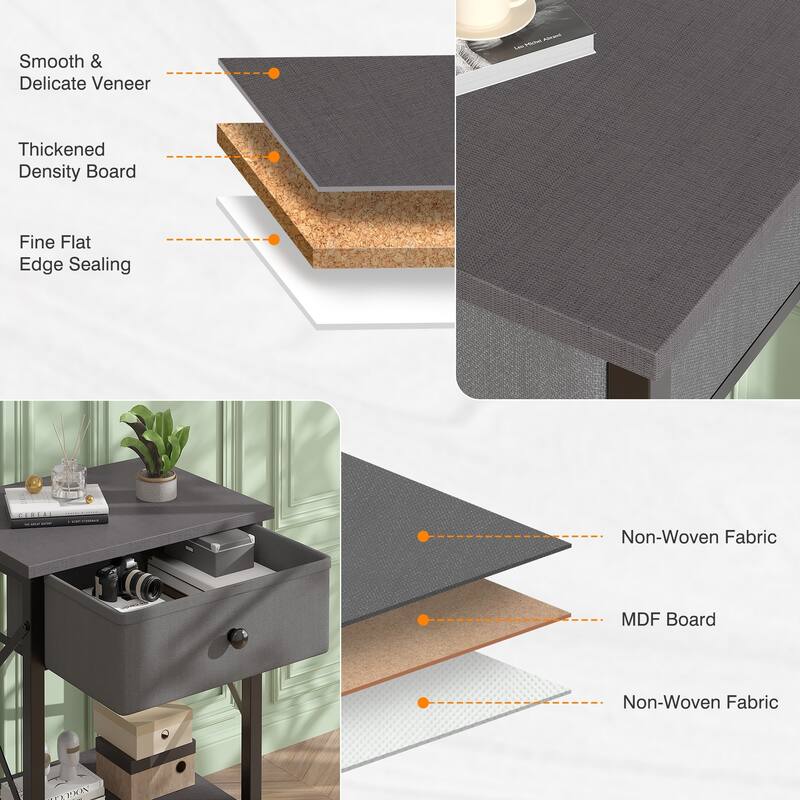 VECELO X Frame Nightstand with Removable Fabric Drawer Easy to Clean Nightstand Multifunctional End Table with Open Shelf