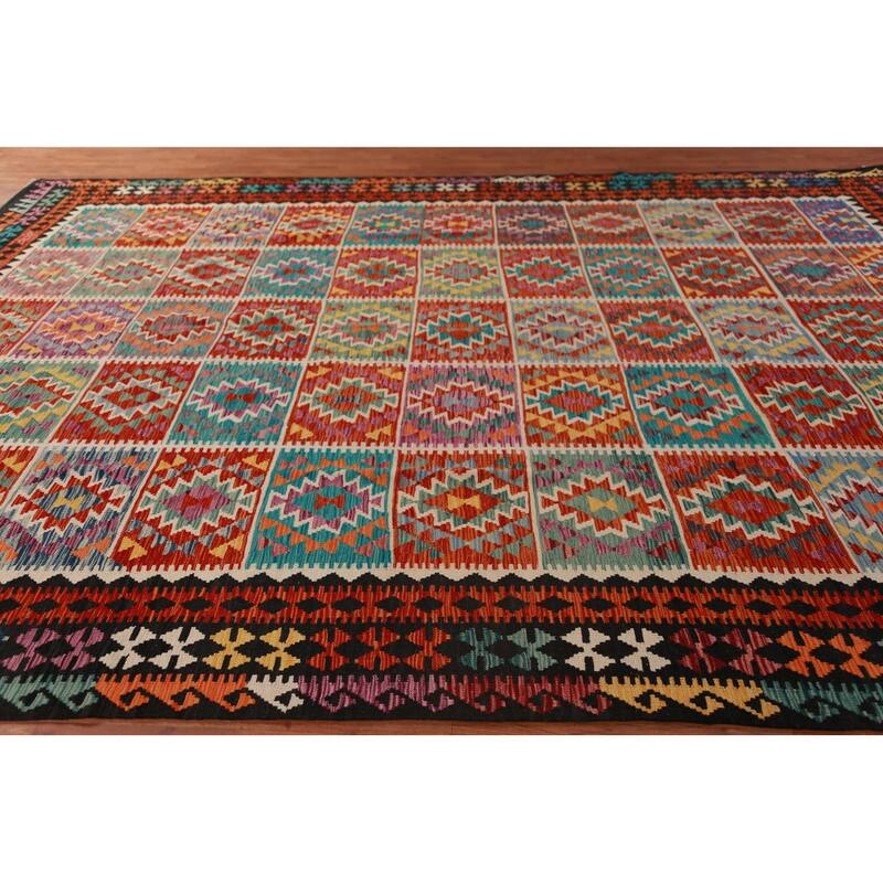 Multi-Color Kilim Oriental Area Rug Hand-Woven Geometric Wool Carpet - 10'1"x 13'1"