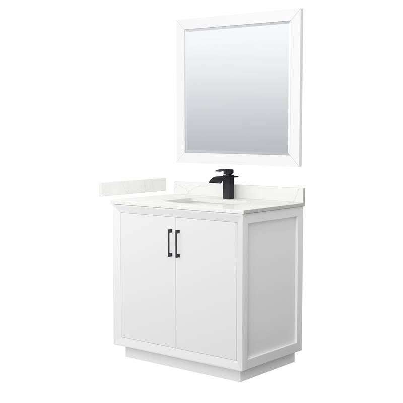 Strada 36-inch Single Vanity, Quartz Top, 34-inch Mirror - White, Black Trim, Giotto Quartz Top