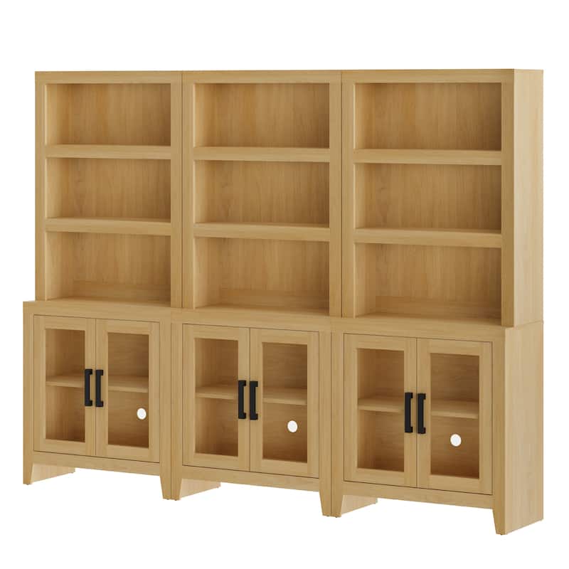 WAMPAT 3 Tier Bookshelf with Glass Door, 74" Tall Bookcase with Adjustable Shelf and Storage Cabinet, Farmhouse Wooden Bookshelf