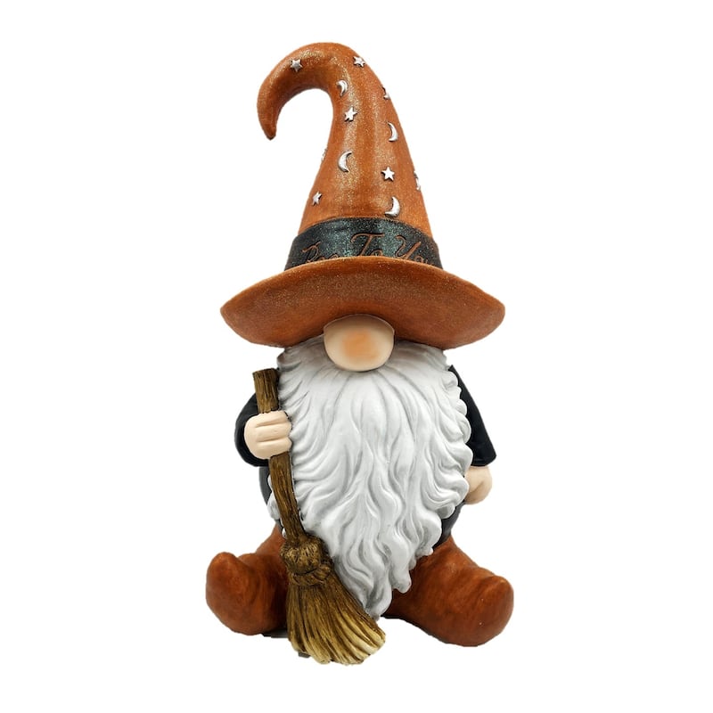 Halloween Gnome Warlock with Broom and Brown Hat
