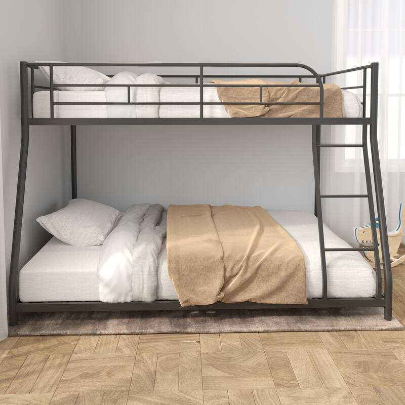 Sturdy Metal Twin over Full Bunk Bed with Noise-Free Wood Slats and Full Guardrail - Black