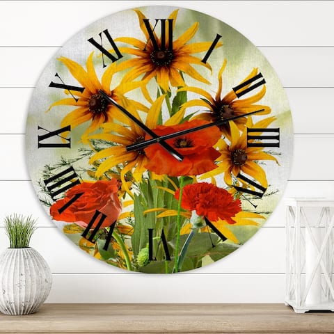 Designart 'Sunflowers and Poppies In The Wild' Traditional wall clock